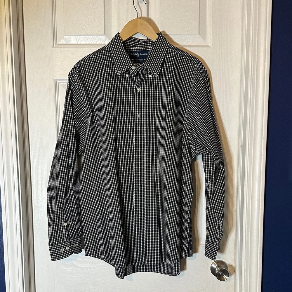 Ralph Lauren Mens Custom Fit Gingham Check Button Down Shirt Black 17.5 X 34/35